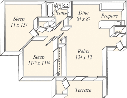 Floor plan for 2 beds, 1 bath, 880 sqft
